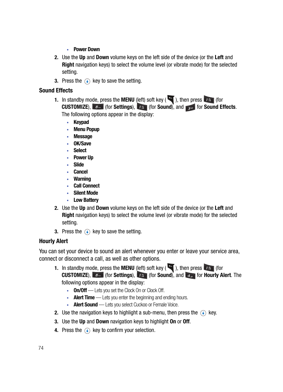 Sound effects, Hourly alert | Samsung SPH-A503ZKASKE User Manual | Page 74 / 176