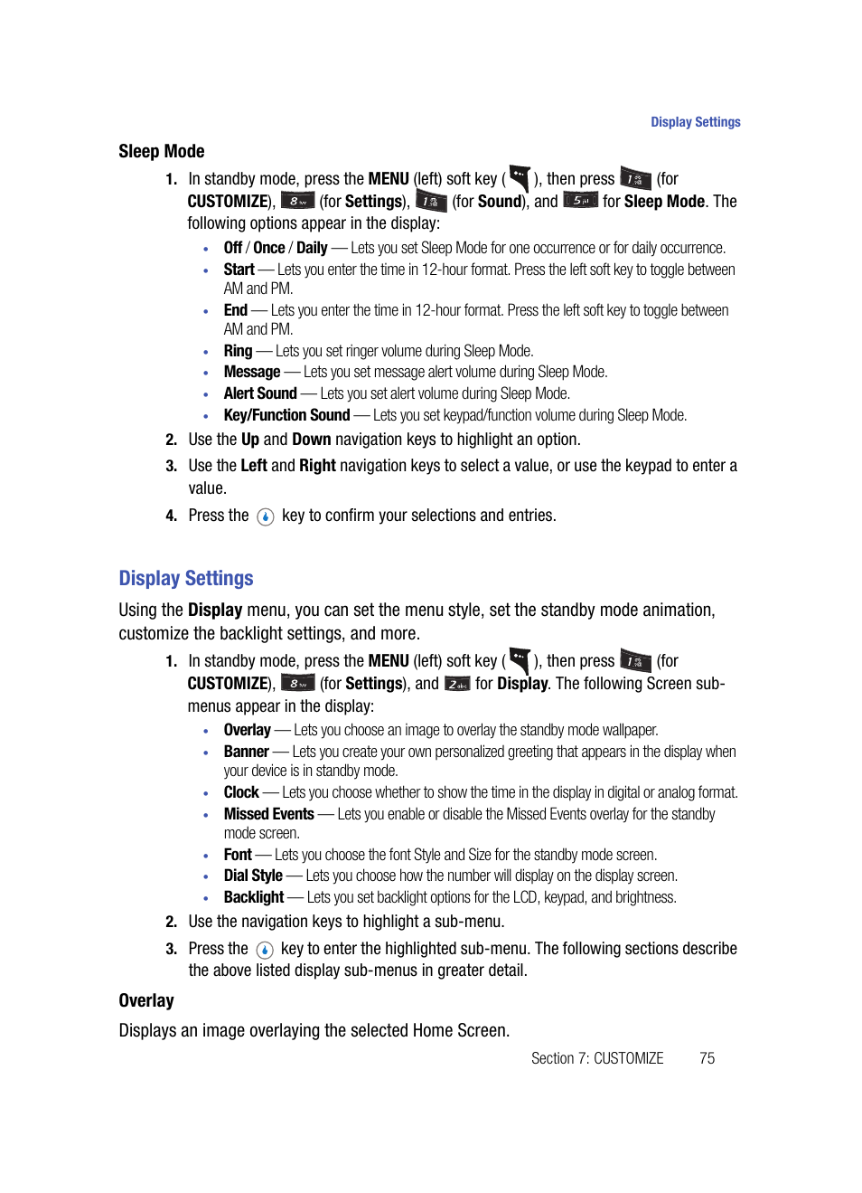 Sleep mode, Display settings, Overlay | Samsung SPH-A503ZKASKE User Manual | Page 75 / 176