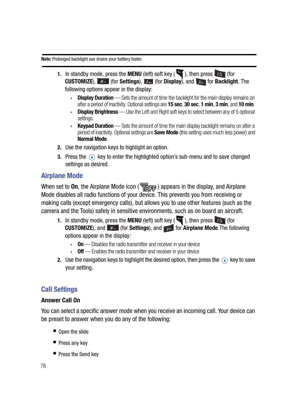 Airplane mode, Call settings, Answer call on | Airplane mode call settings | Samsung SPH-A503ZKASKE User Manual | Page 78 / 176
