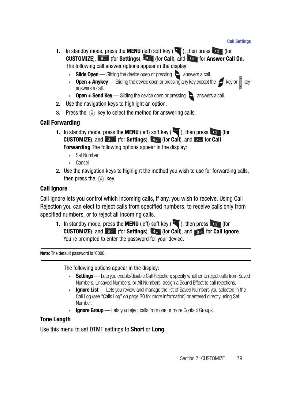 Call forwarding, Call ignore, Tone length | Samsung SPH-A503ZKASKE User Manual | Page 79 / 176