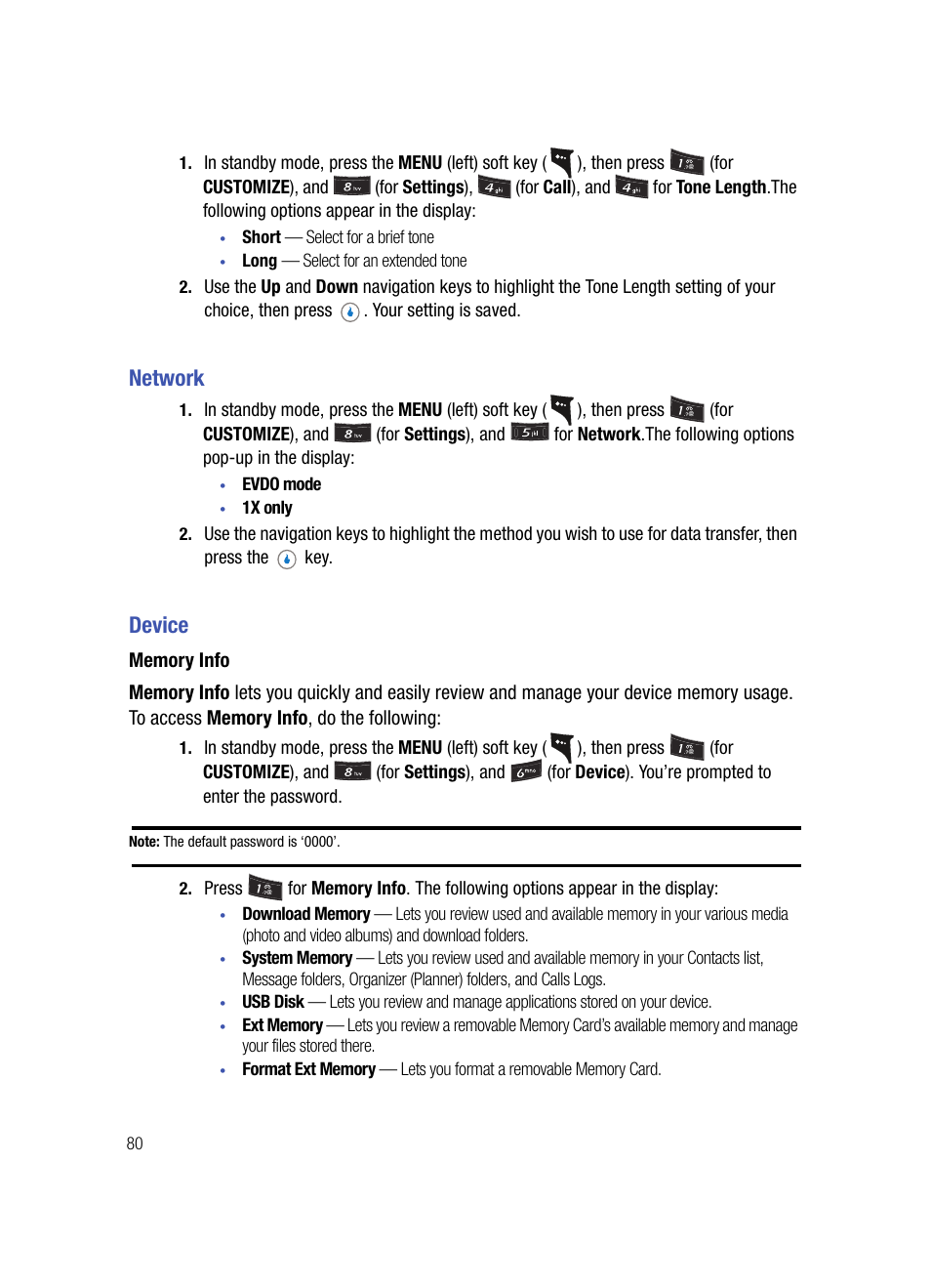 Network, Device, Memory info | Network device | Samsung SPH-A503ZKASKE User Manual | Page 80 / 176