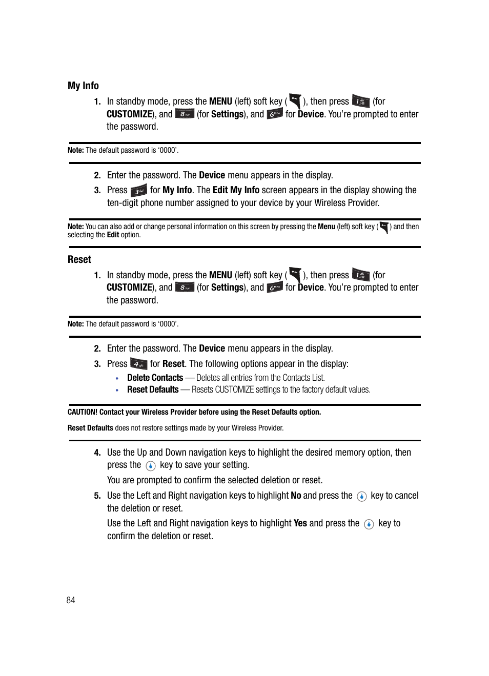 My info, Reset | Samsung SPH-A503ZKASKE User Manual | Page 84 / 176