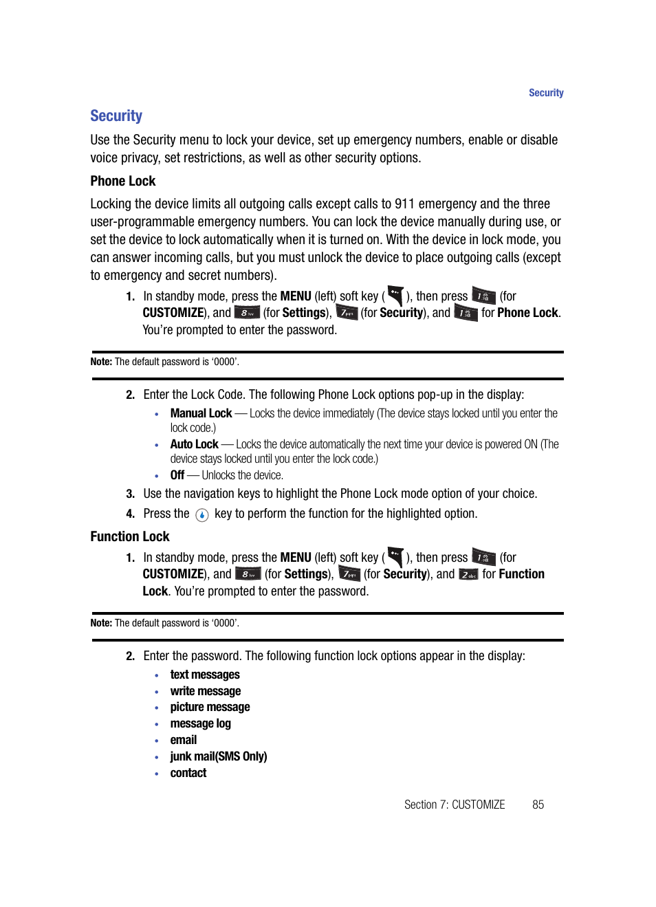 Security, Phone lock, Function lock | Samsung SPH-A503ZKASKE User Manual | Page 85 / 176