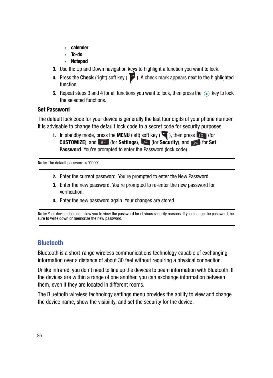 Set password, Bluetooth | Samsung SPH-A503ZKASKE User Manual | Page 86 / 176