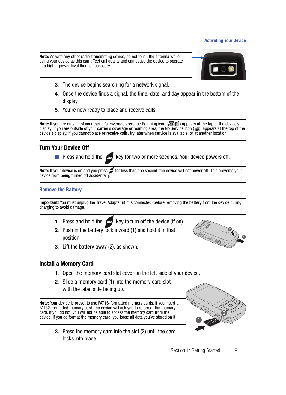 Turn your device off, Remove the battery, Install a memory card | Samsung SPH-A503ZKASKE User Manual | Page 9 / 176