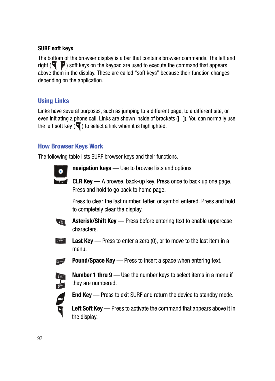 Surf soft keys, Using links, How browser keys work | Using links how browser keys work | Samsung SPH-A503ZKASKE User Manual | Page 92 / 176