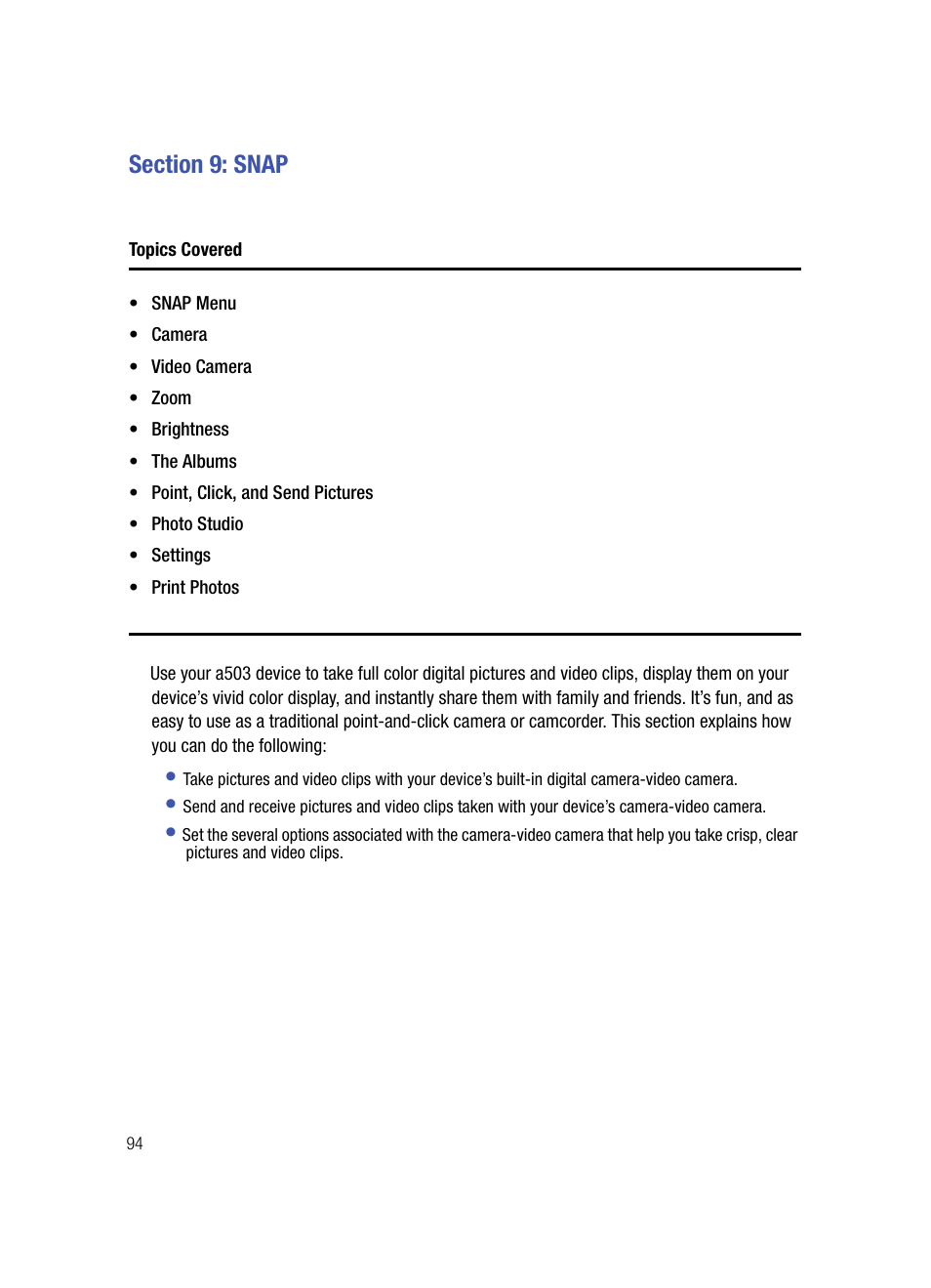Section 9: snap, Topics covered | Samsung SPH-A503ZKASKE User Manual | Page 94 / 176