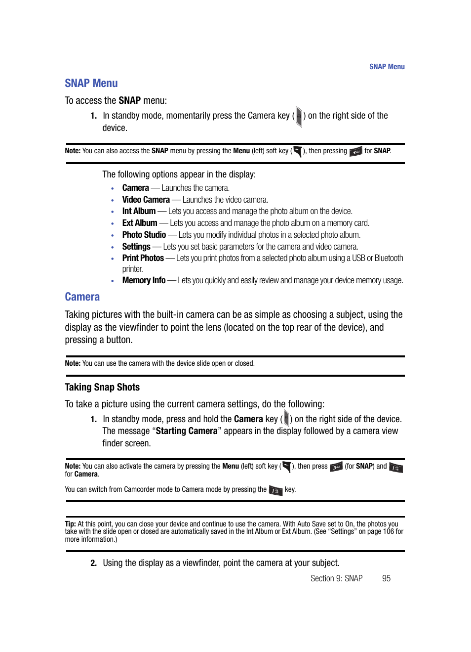 Snap menu, Camera, Taking snap shots | Snap menu camera | Samsung SPH-A503ZKASKE User Manual | Page 95 / 176