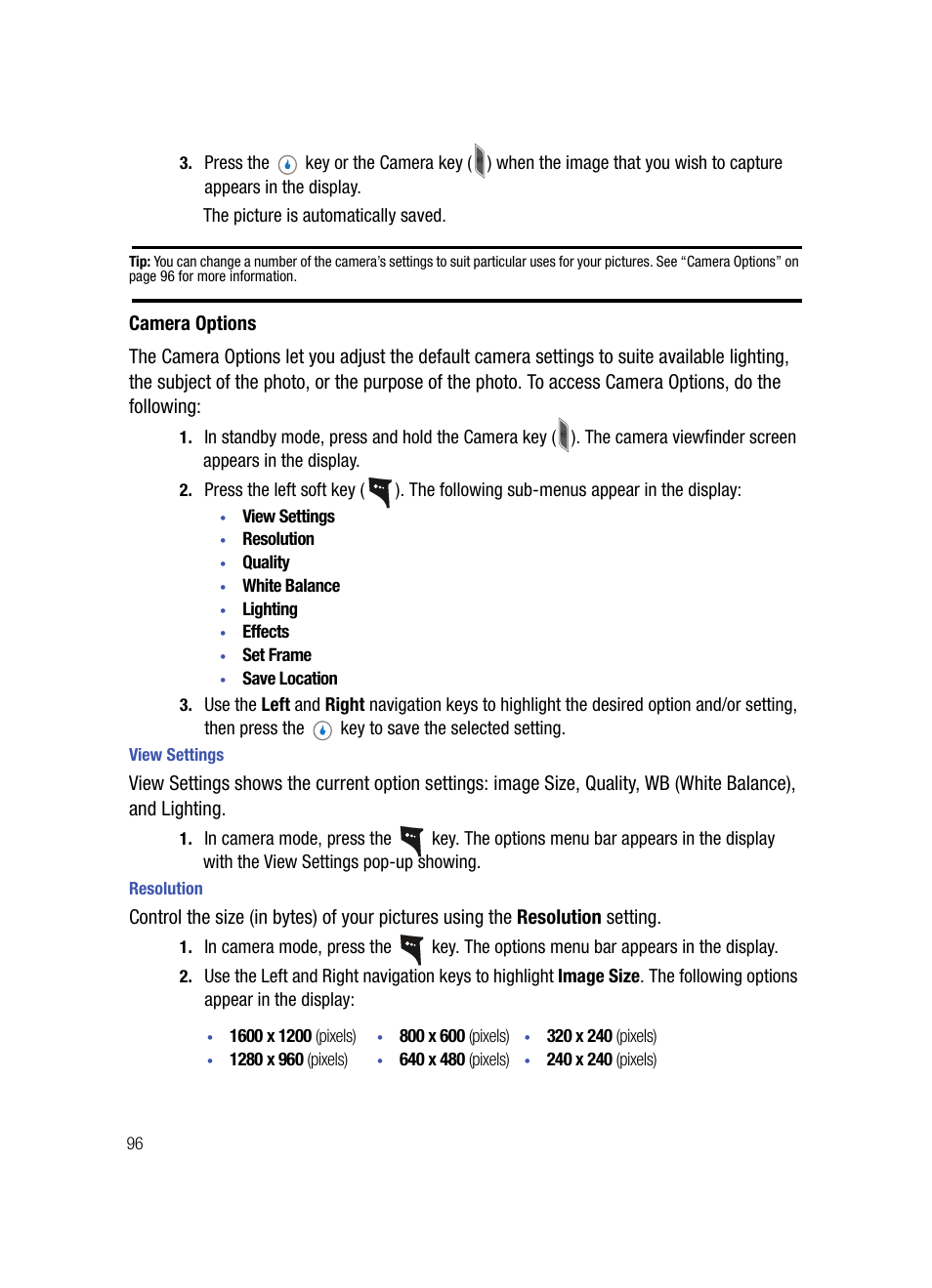 Camera options, View settings, Resolution | Samsung SPH-A503ZKASKE User Manual | Page 96 / 176