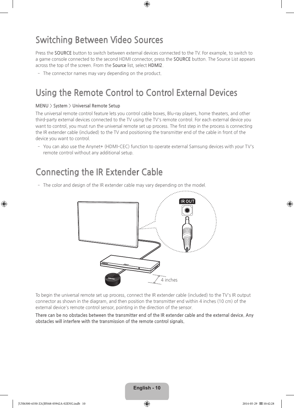 Switching between video sources, Connecting the ir extender cable | Samsung UN75H6350AFXZA User Manual | Page 10 / 34