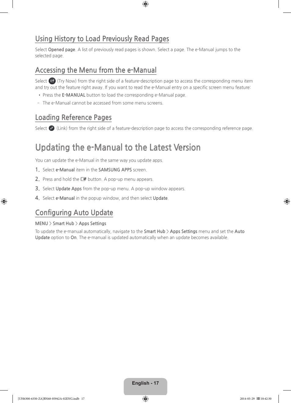 Updating the e-manual to the latest version, Using history to load previously read pages, Accessing the menu from the e-manual | Loading reference pages, Configuring auto update | Samsung UN75H6350AFXZA User Manual | Page 17 / 34