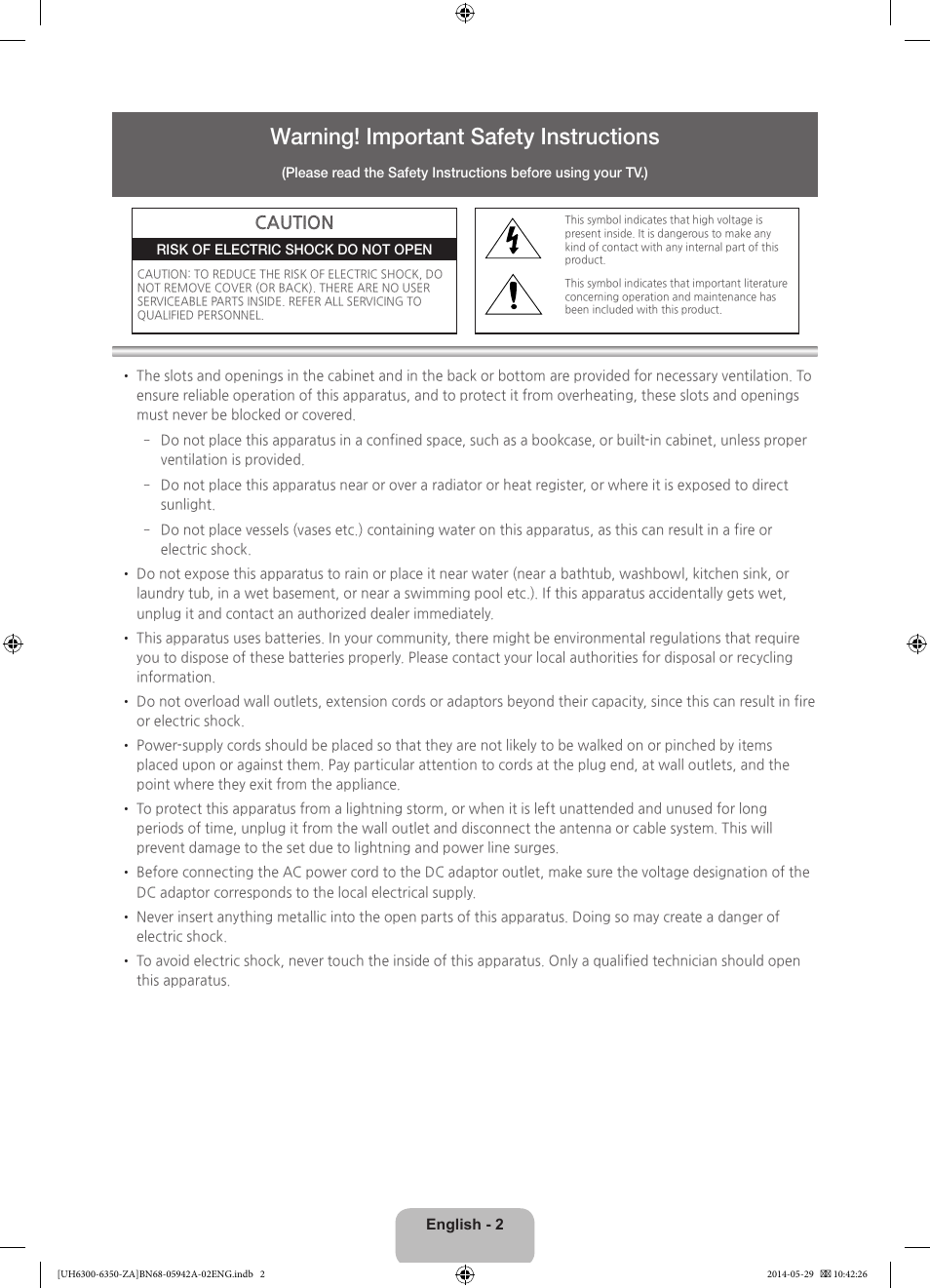 Warning! important safety instructions, Caution | Samsung UN75H6350AFXZA User Manual | Page 2 / 34