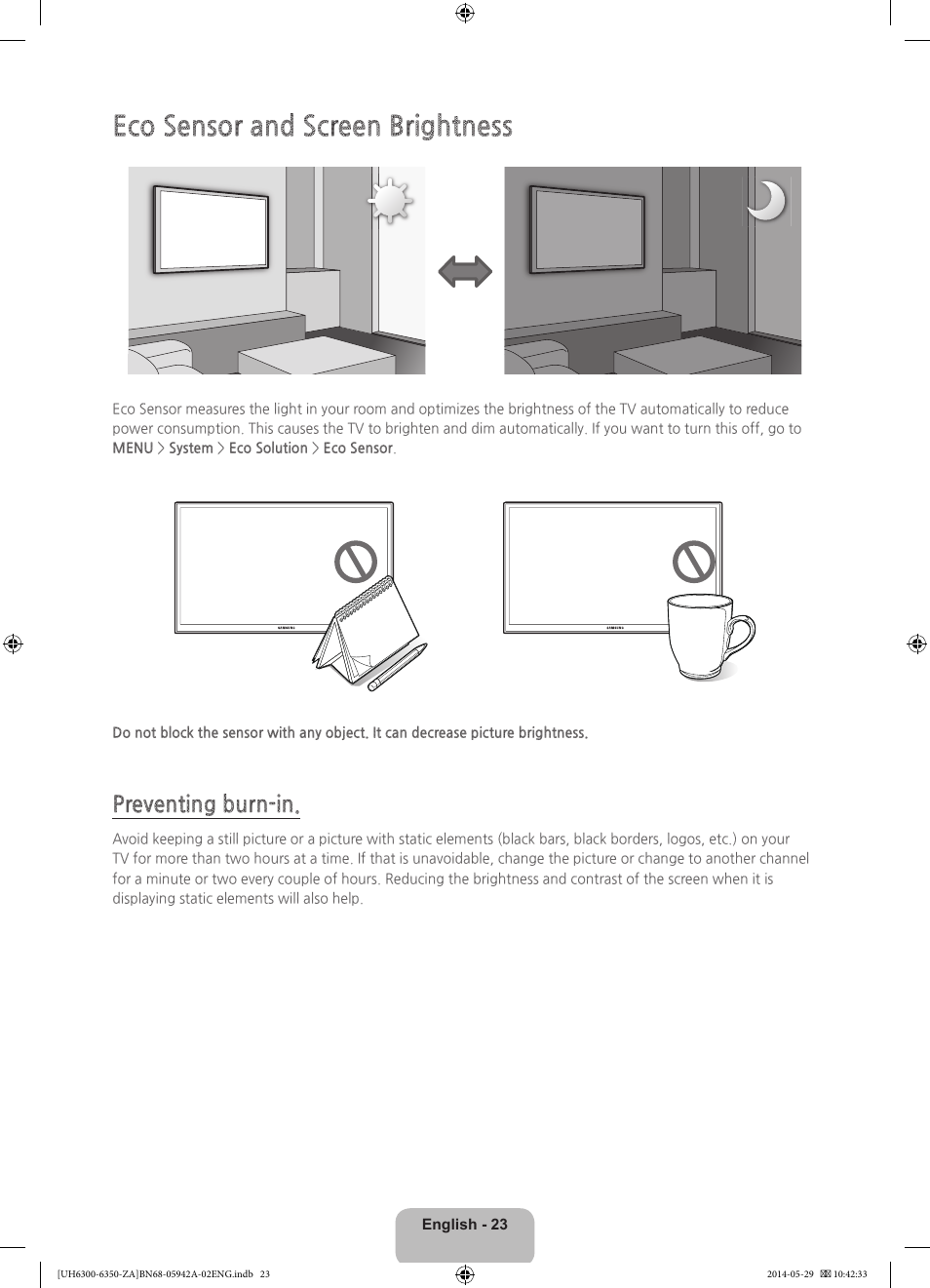 Eco sensor and screen brightness, Preventing burn-in | Samsung UN75H6350AFXZA User Manual | Page 23 / 34