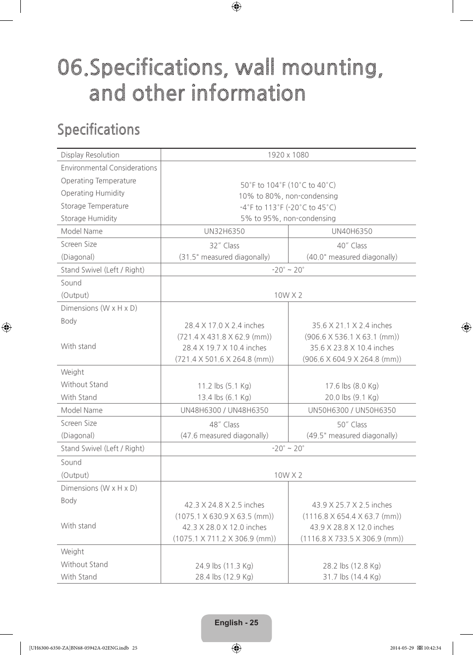 Specifications | Samsung UN75H6350AFXZA User Manual | Page 25 / 34