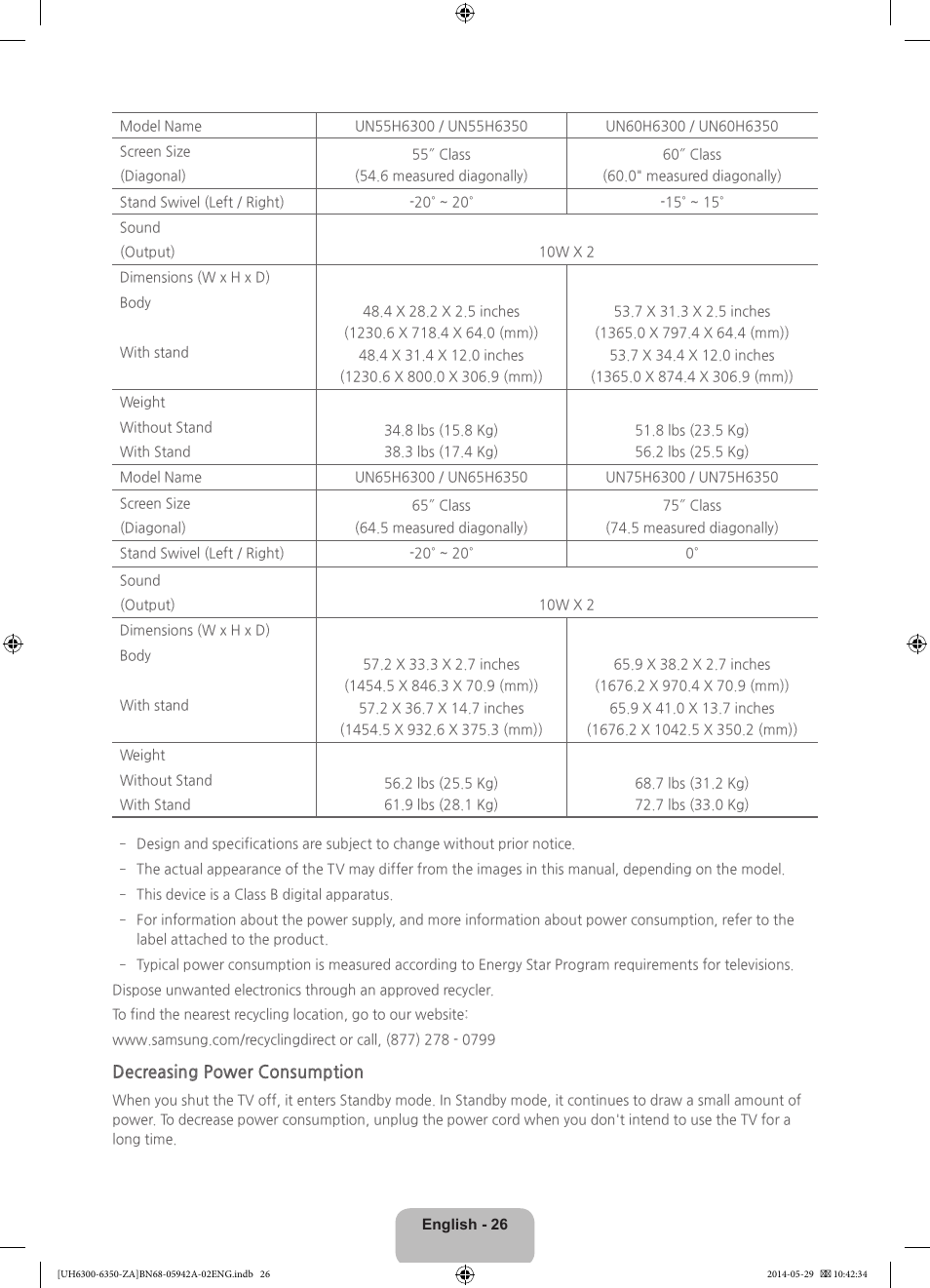 Decreasing power consumption | Samsung UN75H6350AFXZA User Manual | Page 26 / 34