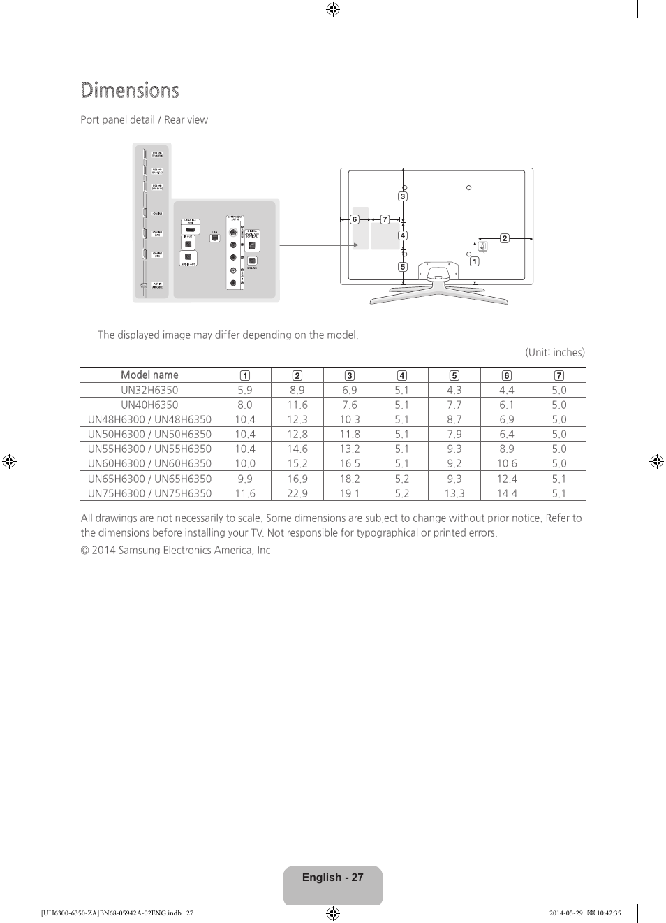 Dimensions | Samsung UN75H6350AFXZA User Manual | Page 27 / 34