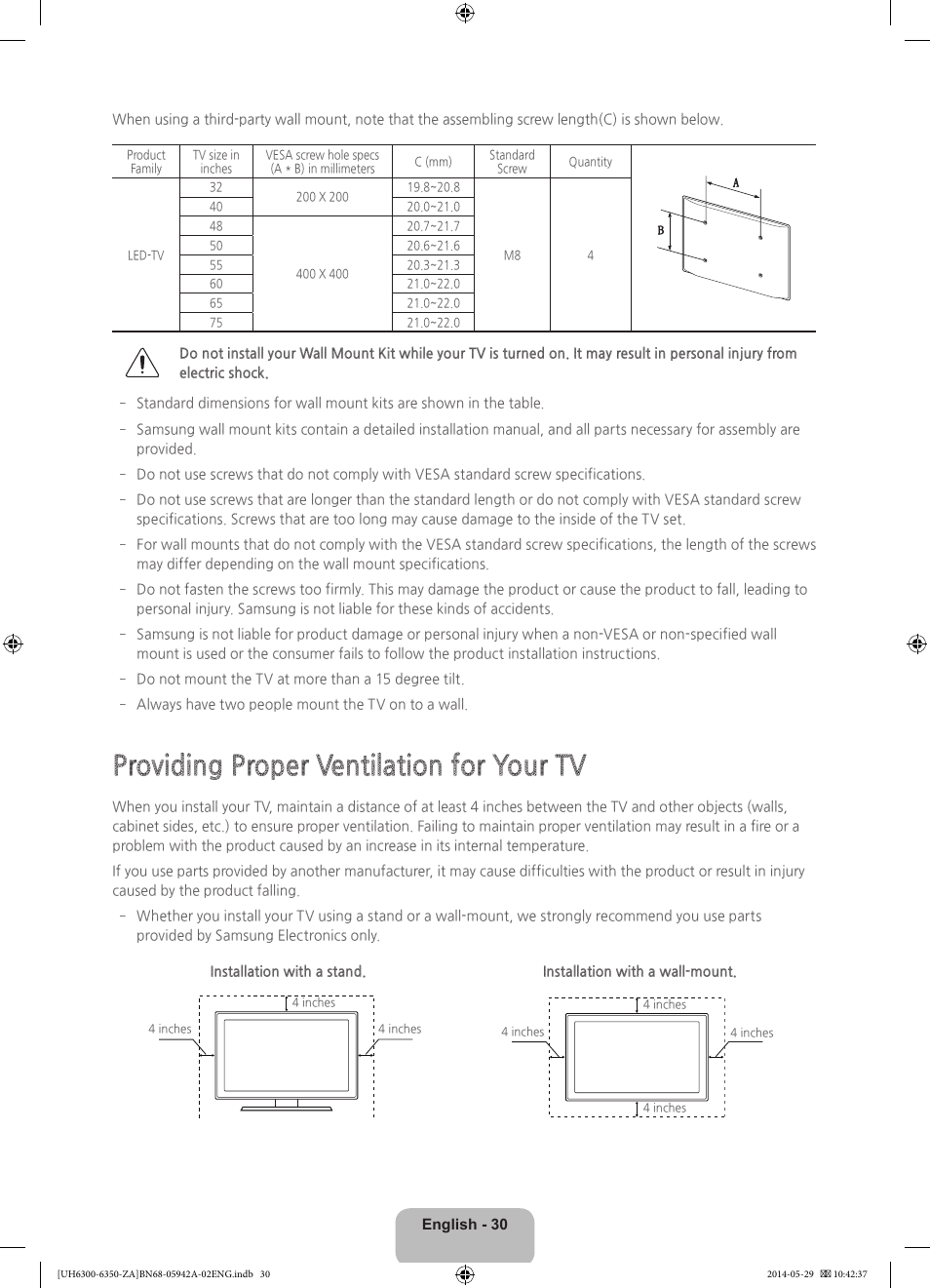 Providing proper ventilation for your tv | Samsung UN75H6350AFXZA User Manual | Page 30 / 34