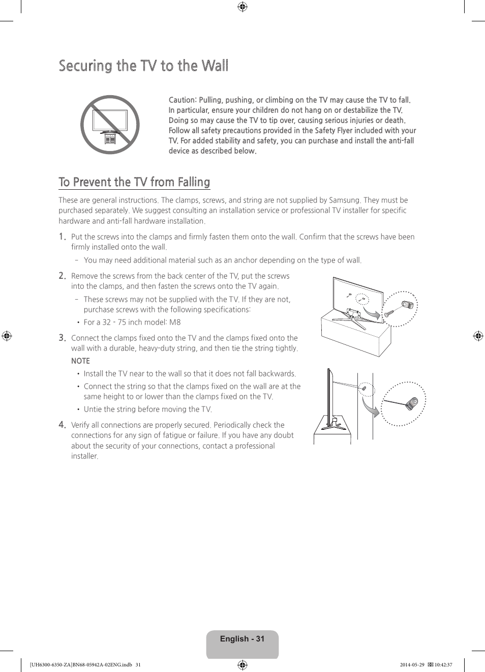 Securing the tv to the wall | Samsung UN75H6350AFXZA User Manual | Page 31 / 34