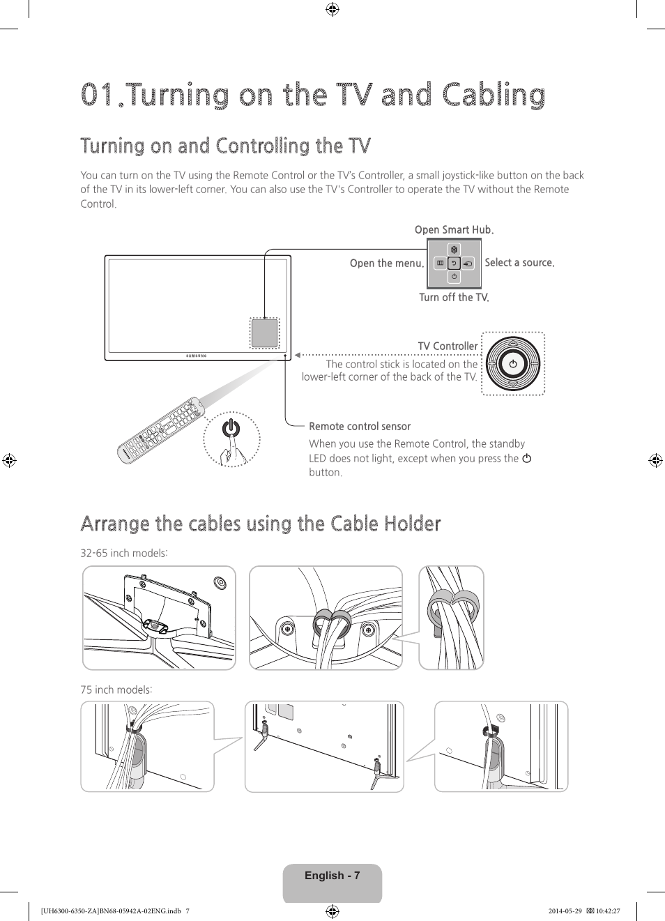 Turning on the tv and cabling, Turning on and controlling the tv, Arrange the cables using the cable holder | Samsung UN75H6350AFXZA User Manual | Page 7 / 34