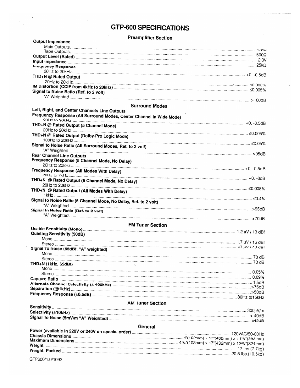 Gtp-600 specifications | Adcom GTP-600 User Manual | Page 19 / 19