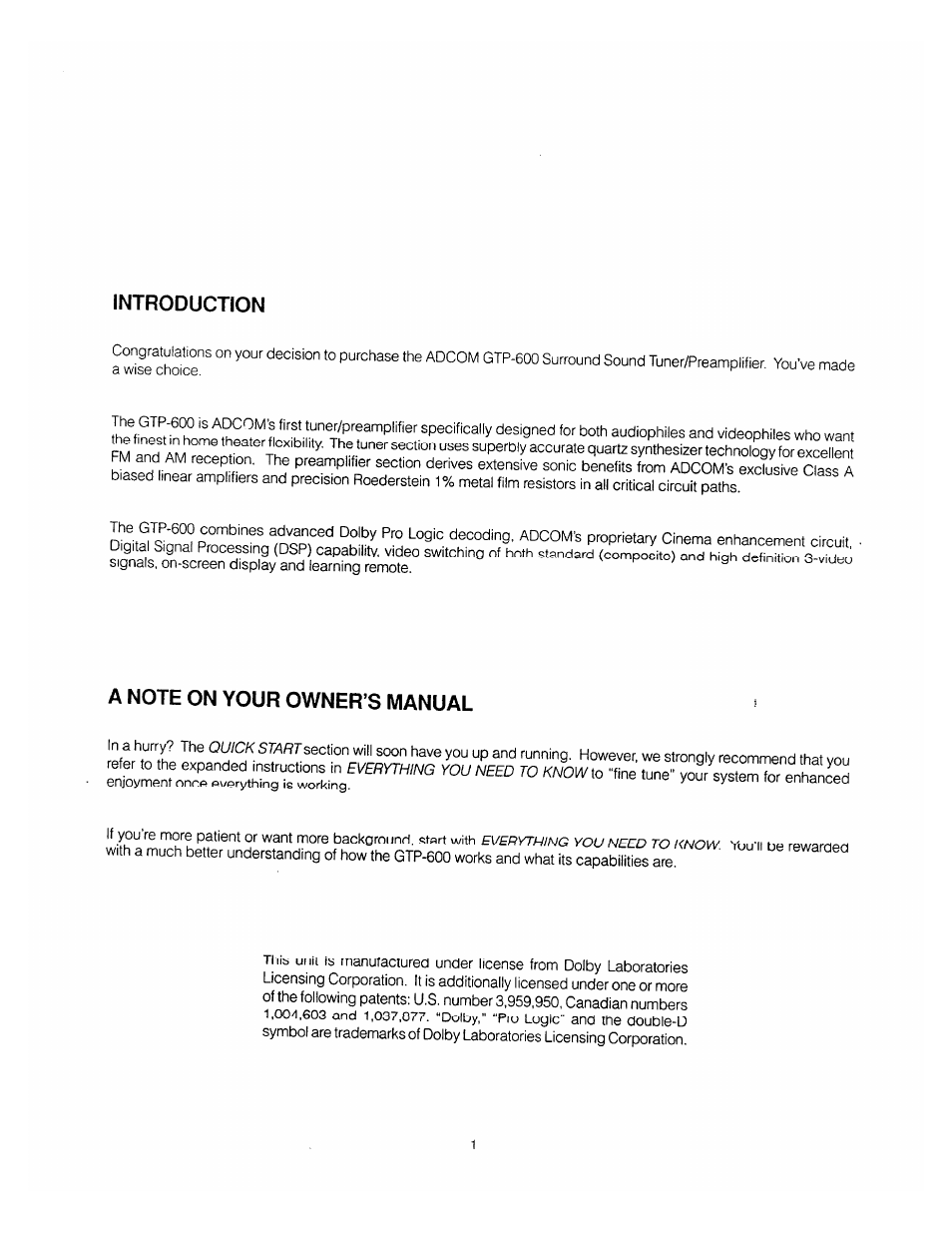 Introduction, A note on your owner’s manual | Adcom GTP-600 User Manual | Page 3 / 19