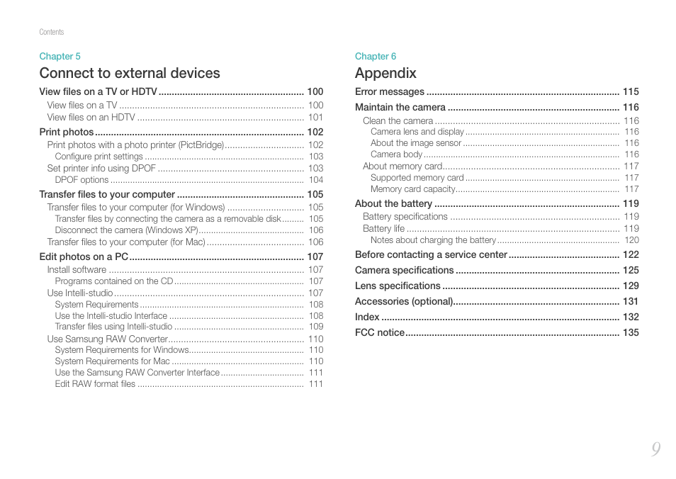 Connect to external devices, Appendix | Samsung EV-NX100ZBABUS User Manual | Page 10 / 137