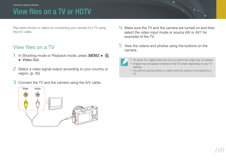 View files on a tv or hdtv, View files on a tv, View ﬁles on a tv or hdtv | View ﬁles on a tv | Samsung EV-NX100ZBABUS User Manual | Page 101 / 137