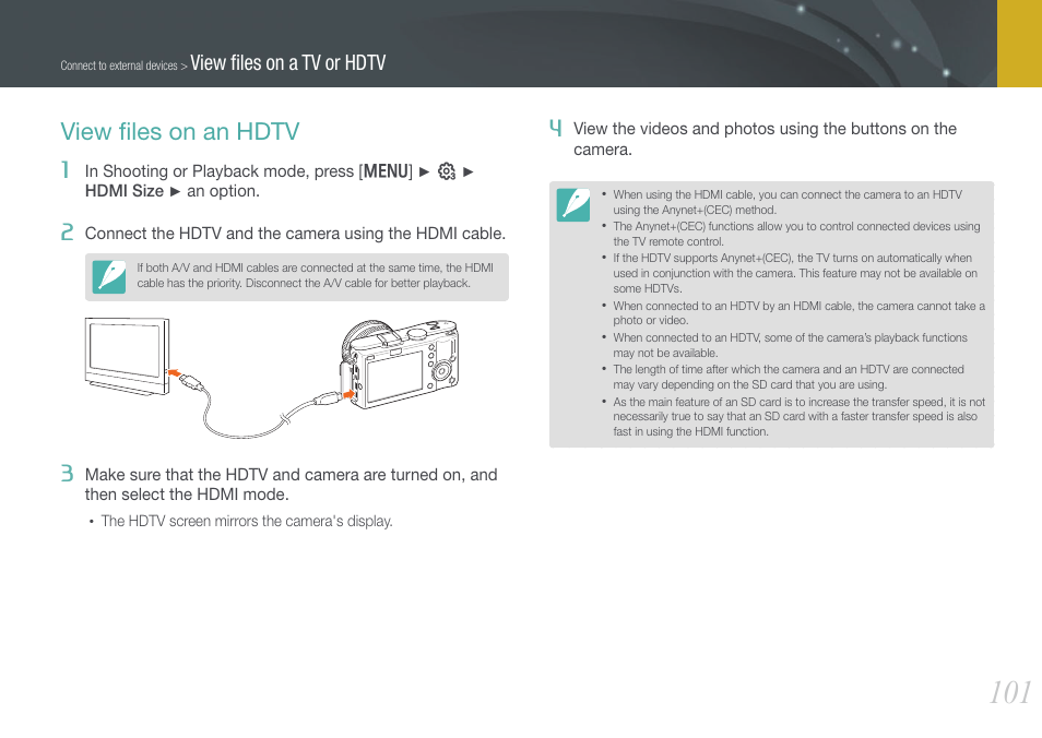 View files on an hdtv, View ﬁles on an hdtv, View ﬁles on a tv or hdtv | Samsung EV-NX100ZBABUS User Manual | Page 102 / 137