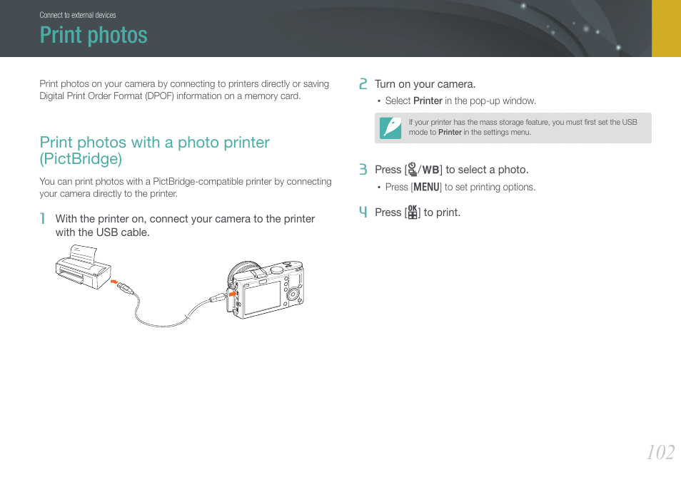 Print photos, Print photos with a photo printer (pictbridge) | Samsung EV-NX100ZBABUS User Manual | Page 103 / 137