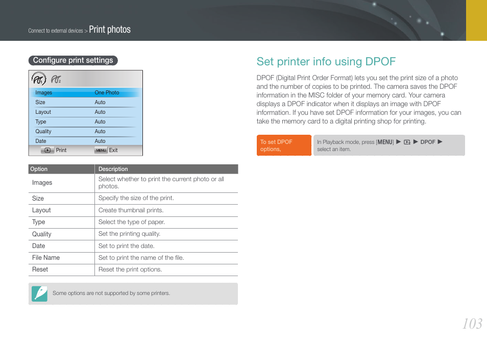 Configure print settings, Set printer info using dpof, Conﬁgure print settings | Print photos | Samsung EV-NX100ZBABUS User Manual | Page 104 / 137