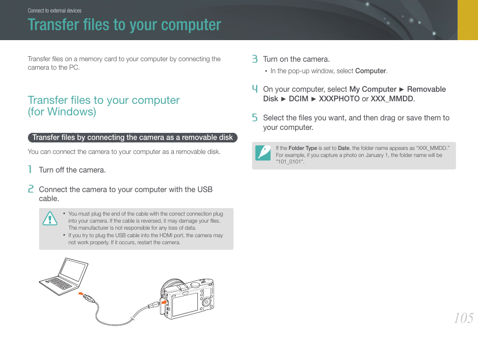 Transfer files to your computer, Transfer files to your computer (for windows), Transfer ﬁles to your computer | Transfer ﬁles to your computer (for windows) | Samsung EV-NX100ZBABUS User Manual | Page 106 / 137