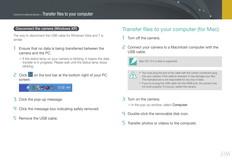 Disconnect the camera (windows xp), Transfer files to your computer (for mac), Transfer ﬁles to your computer (for mac) | Samsung EV-NX100ZBABUS User Manual | Page 107 / 137