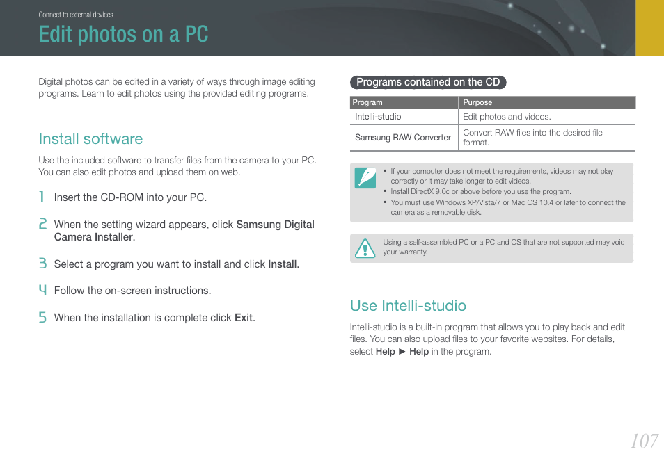 Edit photos on a pc, Install software, Programs contained on the cd | Use intelli-studio | Samsung EV-NX100ZBABUS User Manual | Page 108 / 137