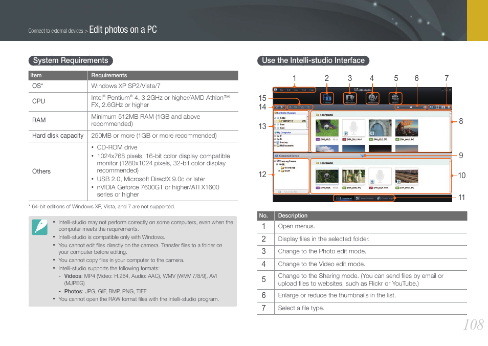 System requirements, Use the intelli-studio interface, Edit photos on a pc | Samsung EV-NX100ZBABUS User Manual | Page 109 / 137