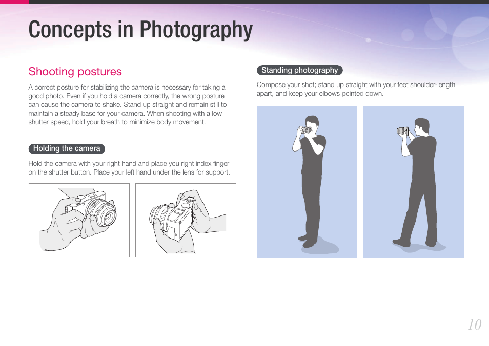 Tips, Concepts in photography, Shooting postures | Holding the camera, Standing photography, Holding the camera standing photography | Samsung EV-NX100ZBABUS User Manual | Page 11 / 137