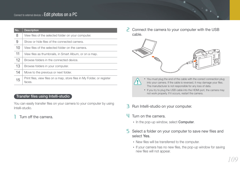 Transfer files using intelli-studio, Transfer ﬁles using intelli-studio, Edit photos on a pc | Samsung EV-NX100ZBABUS User Manual | Page 110 / 137