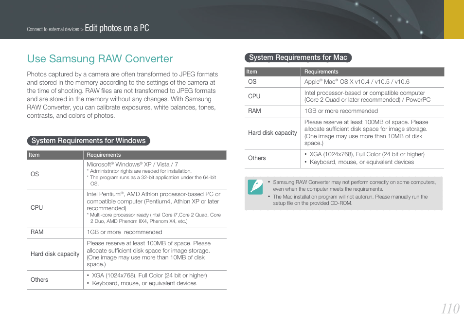Use samsung raw converter, System requirements for windows, System requirements for mac | Edit photos on a pc | Samsung EV-NX100ZBABUS User Manual | Page 111 / 137
