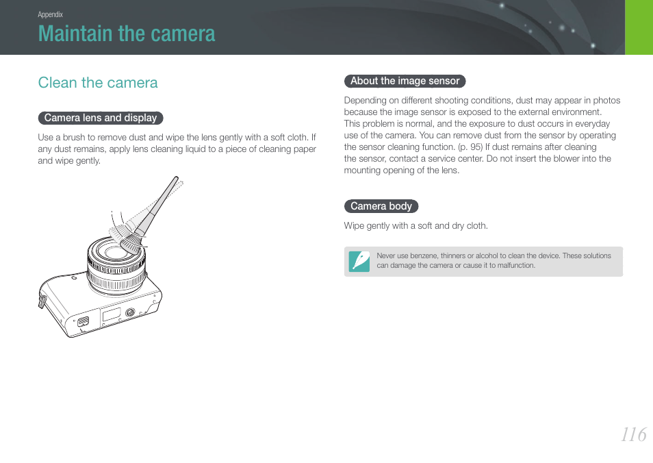 Maintain the camera, Clean the camera, Camera lens and display | About the image sensor, Camera body | Samsung EV-NX100ZBABUS User Manual | Page 117 / 137
