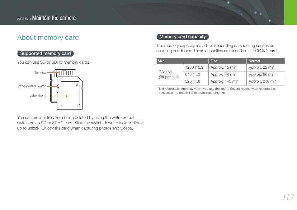 About memory card, Supported memory card, Memory card capacity | Supported memory card memory card capacity, Maintain the camera | Samsung EV-NX100ZBABUS User Manual | Page 118 / 137