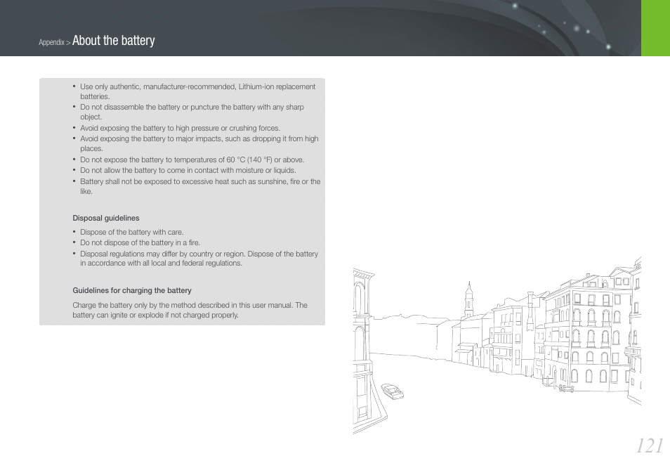About the battery | Samsung EV-NX100ZBABUS User Manual | Page 122 / 137