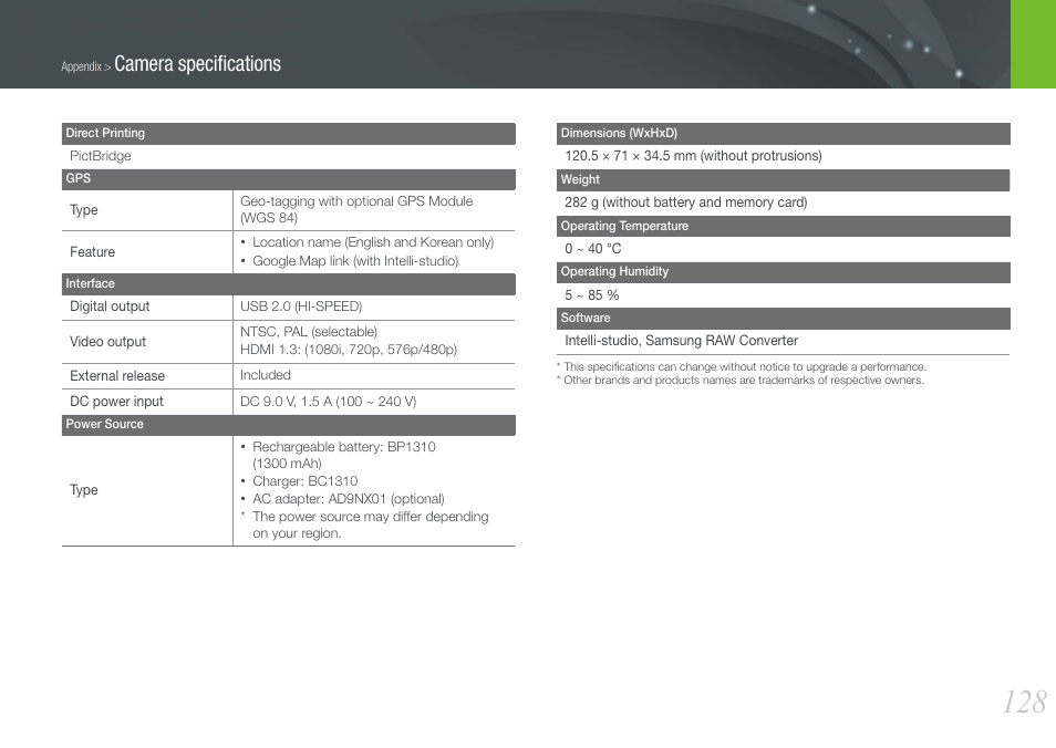 Camera speciﬁcations | Samsung EV-NX100ZBABUS User Manual | Page 129 / 137