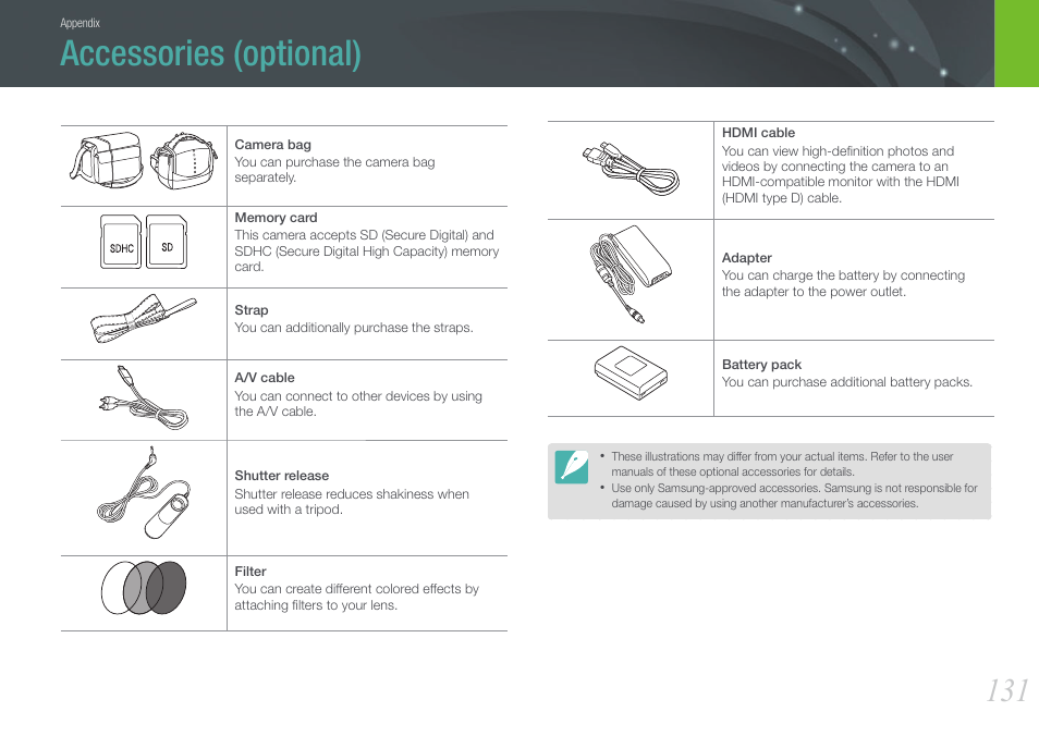 Accessories (optional) | Samsung EV-NX100ZBABUS User Manual | Page 132 / 137