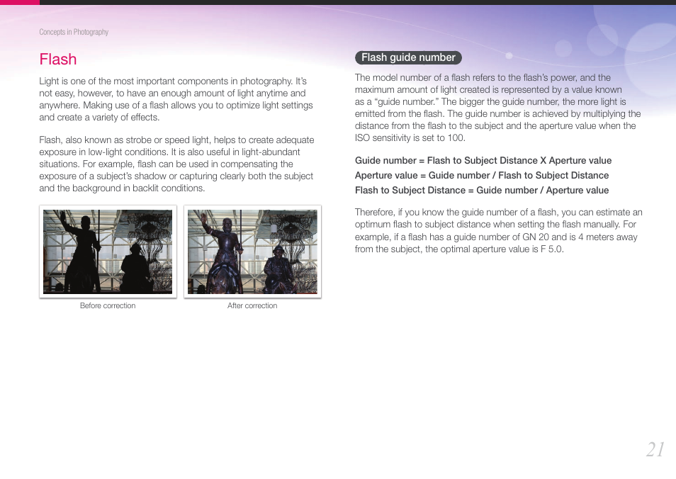 Flash, Flash guide number | Samsung EV-NX100ZBABUS User Manual | Page 22 / 137