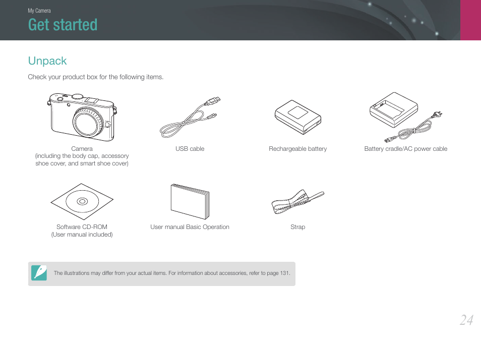 Get started, Unpack | Samsung EV-NX100ZBABUS User Manual | Page 25 / 137