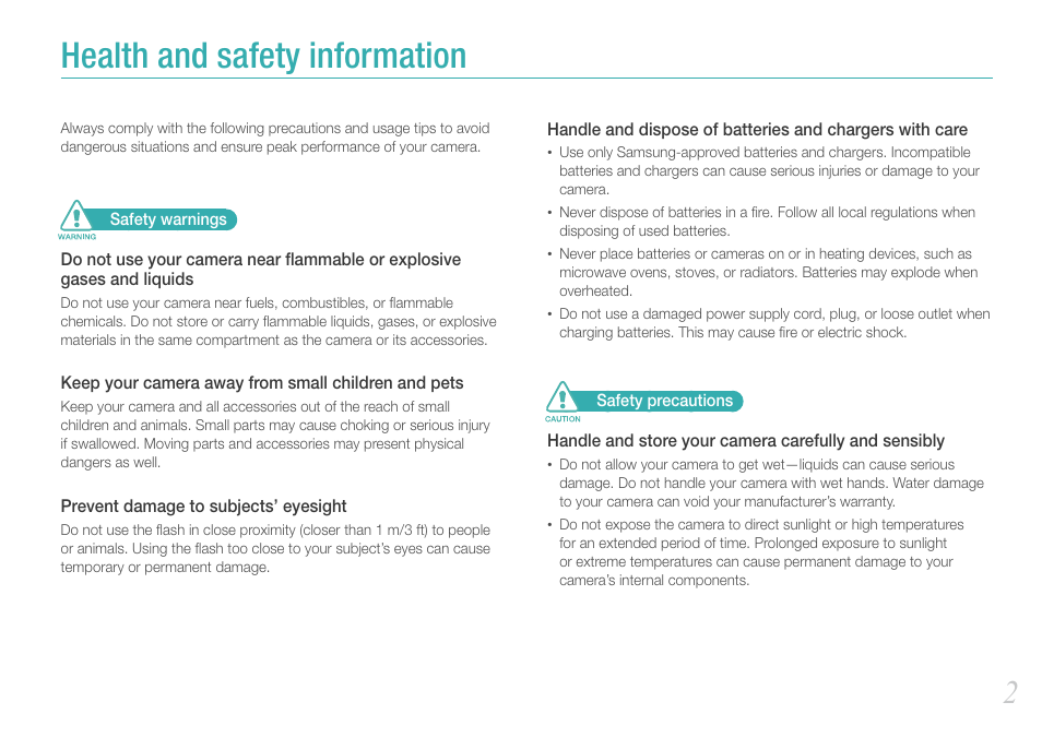 Health and safety information | Samsung EV-NX100ZBABUS User Manual | Page 3 / 137
