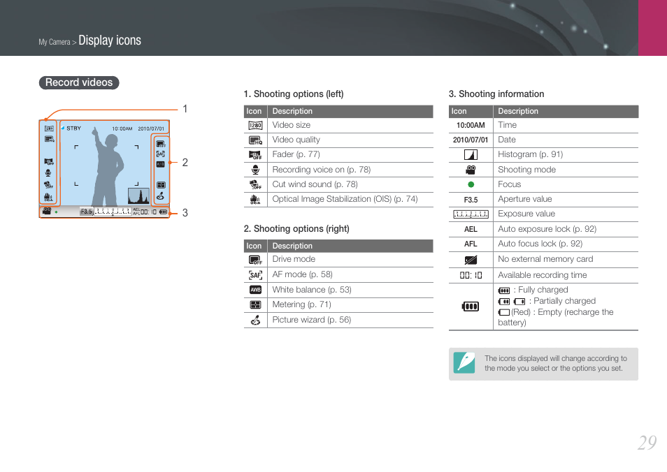 Record videos, Display icons | Samsung EV-NX100ZBABUS User Manual | Page 30 / 137