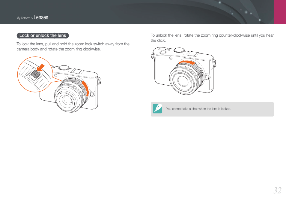 Lock or unlock the lens | Samsung EV-NX100ZBABUS User Manual | Page 33 / 137