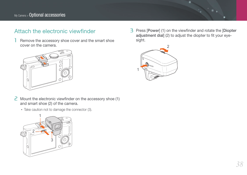 Attach the electronic viewfinder, Attach the electronic viewﬁnder | Samsung EV-NX100ZBABUS User Manual | Page 39 / 137