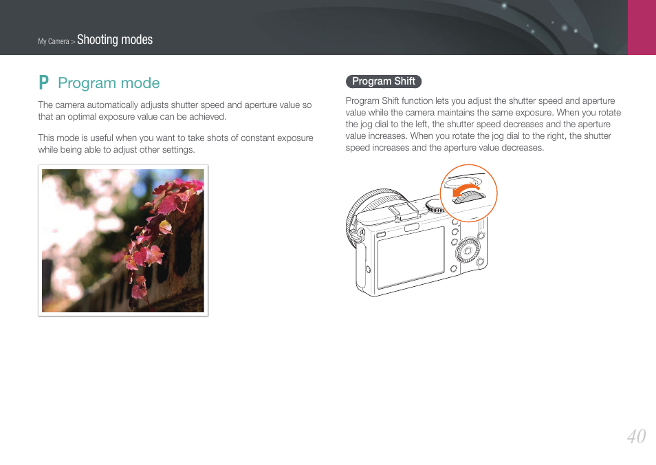 Program mode, Program shift, P program mode | Samsung EV-NX100ZBABUS User Manual | Page 41 / 137