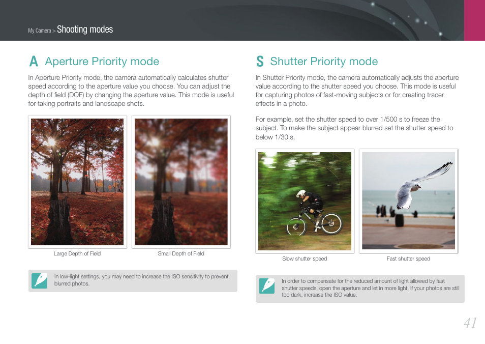 Aperture priority mode, Shutter priority mode, A aperture priority mode | S shutter priority mode, Shooting modes | Samsung EV-NX100ZBABUS User Manual | Page 42 / 137